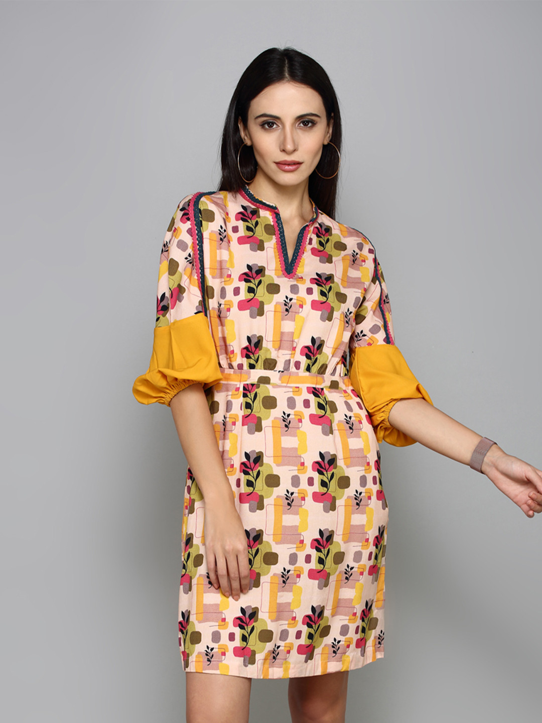 aturabi Beige & Yellow Floral A-Line Dress