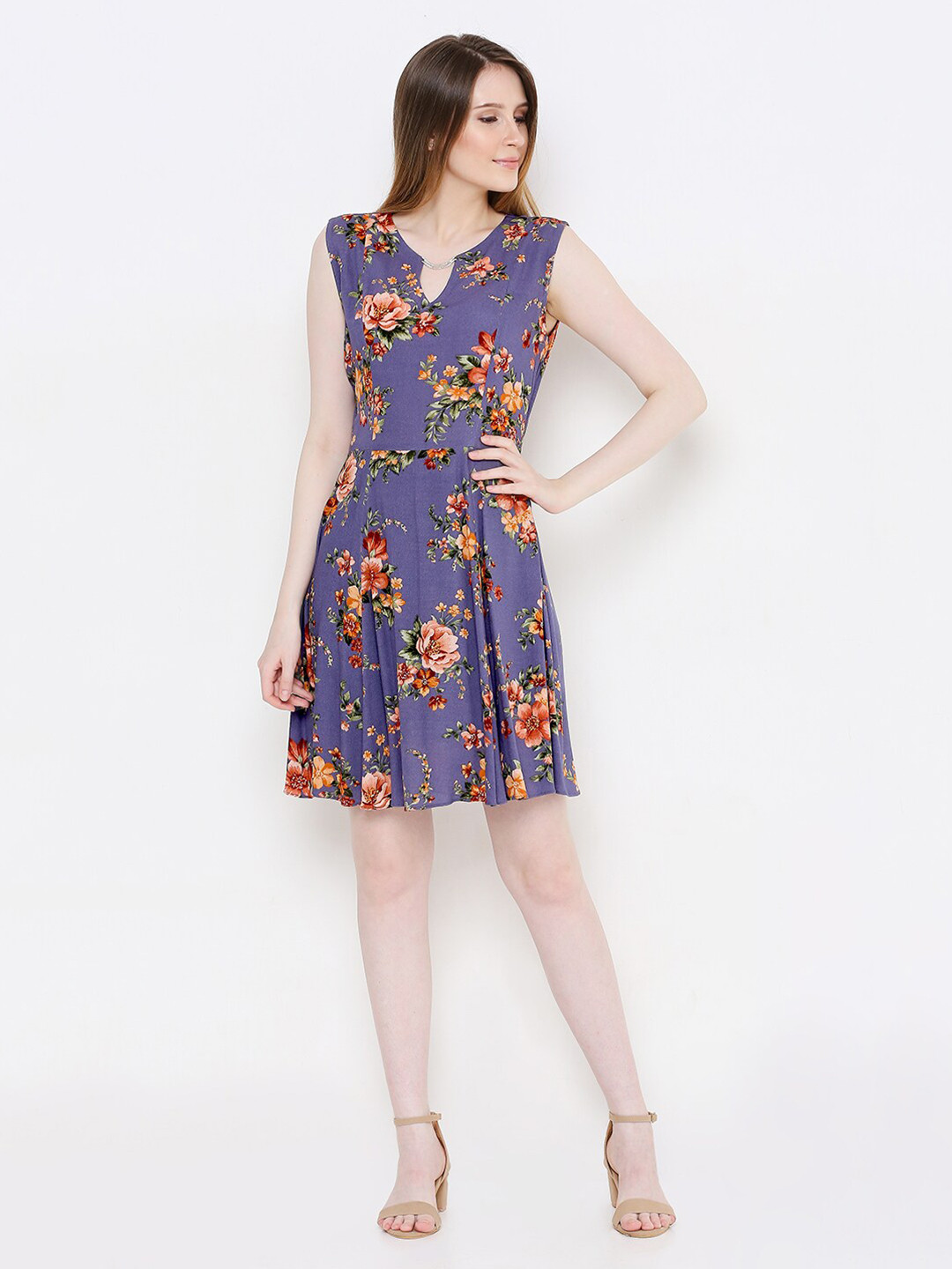 aturabi Purple & Yellow Floral Drop-Waist Dress