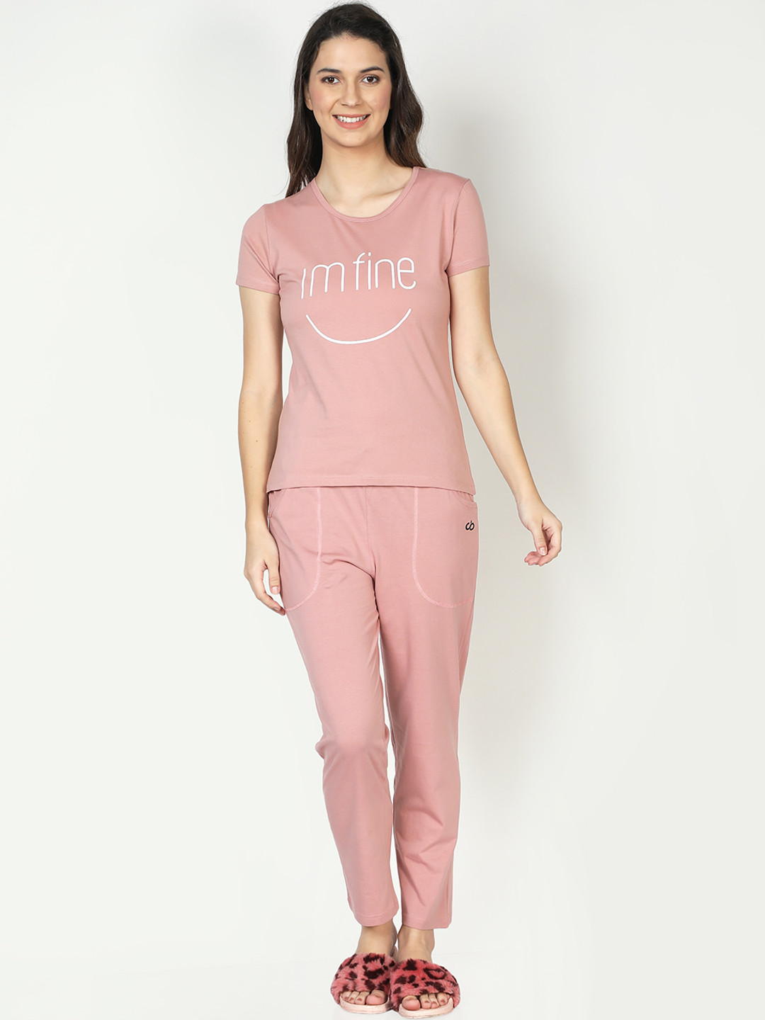 CLUB A9 Women Peach-Coloured Printed Cotton Night suit