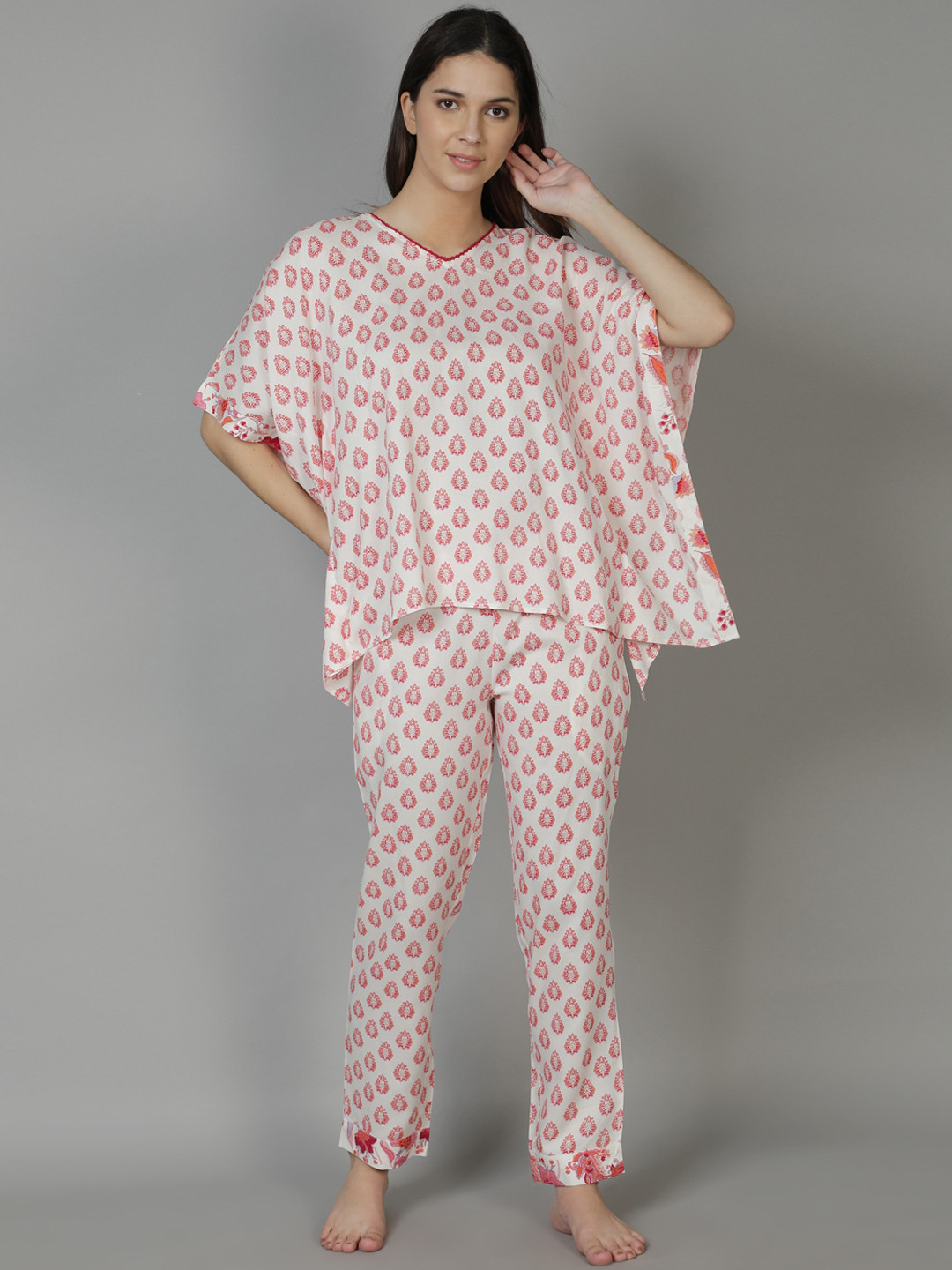 DUSK ATTIRE Women White & Red Printed Night suit