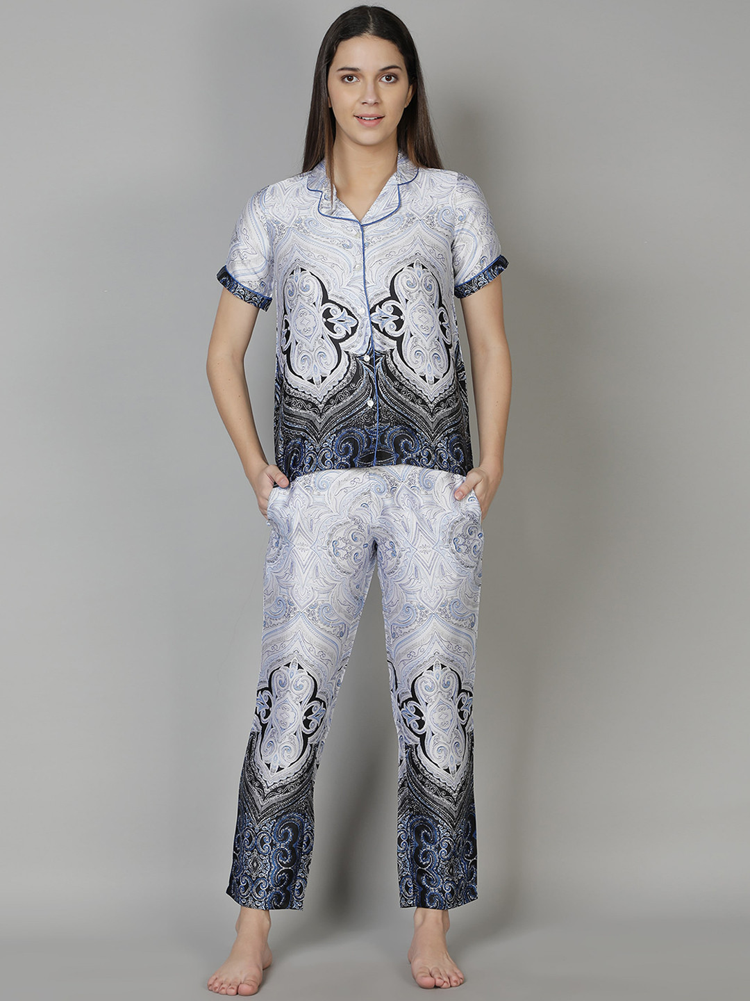 DUSK ATTIRE Women Grey & Blue Printed Satin Night Suit