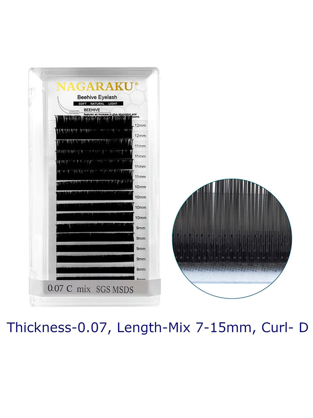 NAGARAKU Black Laser Beehive Longer Lasting 16 Rows Eyelash Extension - Curl D - 0.07/7-15