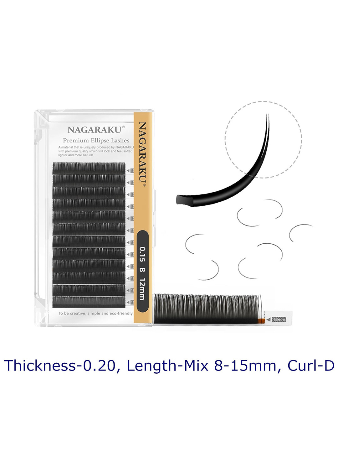 NAGARAKU Black Flat Ellipse Split Tips Shaped 12 Rows False Eyelashes - Curl D - 0.20/8-15