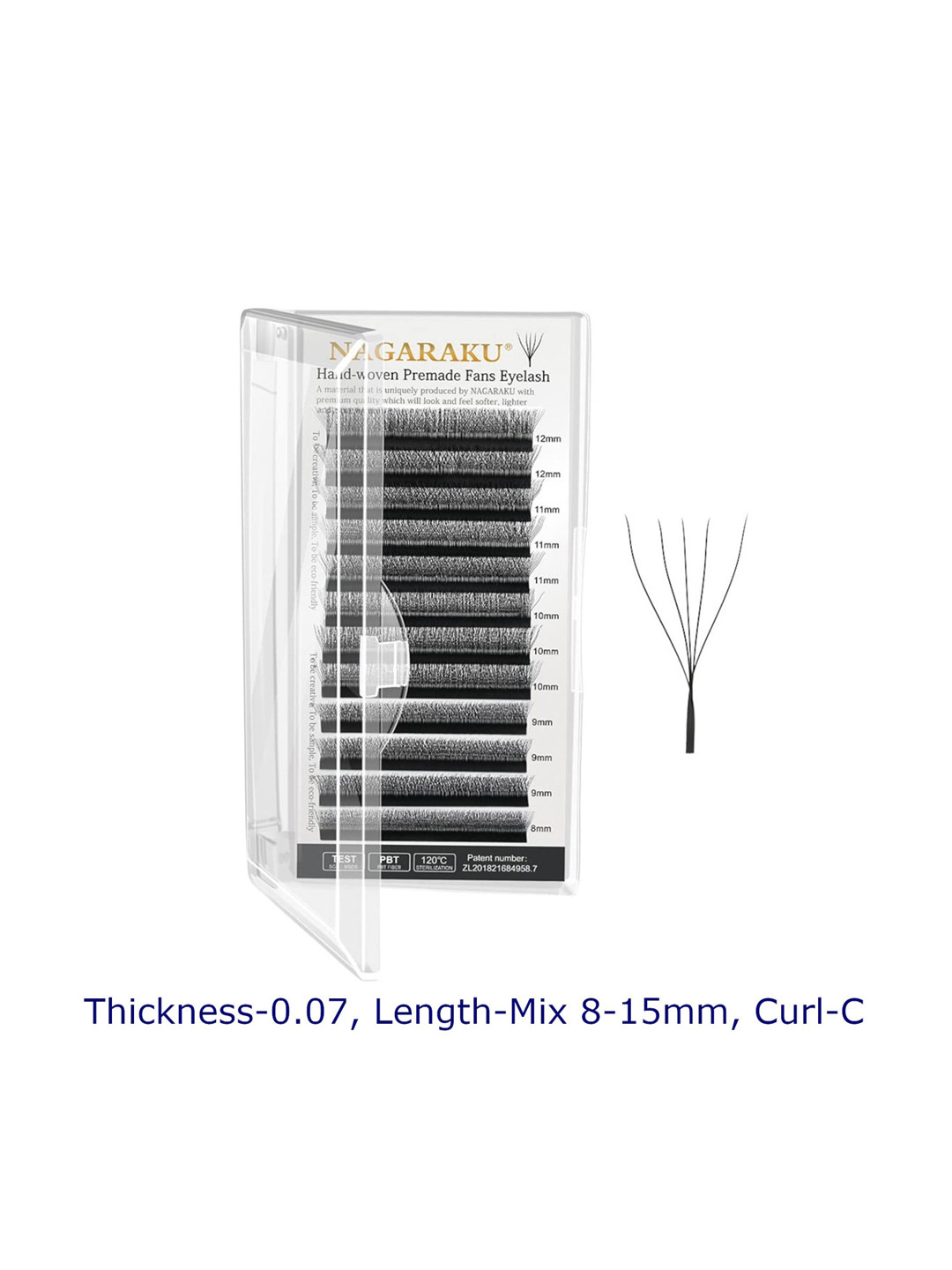 NAGARAKU Matte Black W Shape 5D Premade Fans Eyelash Extensions - Curl C - 0.07/8-15