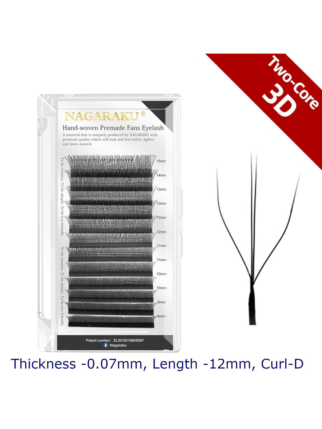 NAGARAKU Black 12 Rows W Shape 3D Two-Core Volume Eyelash Extensions - Curl D - 0.07/12