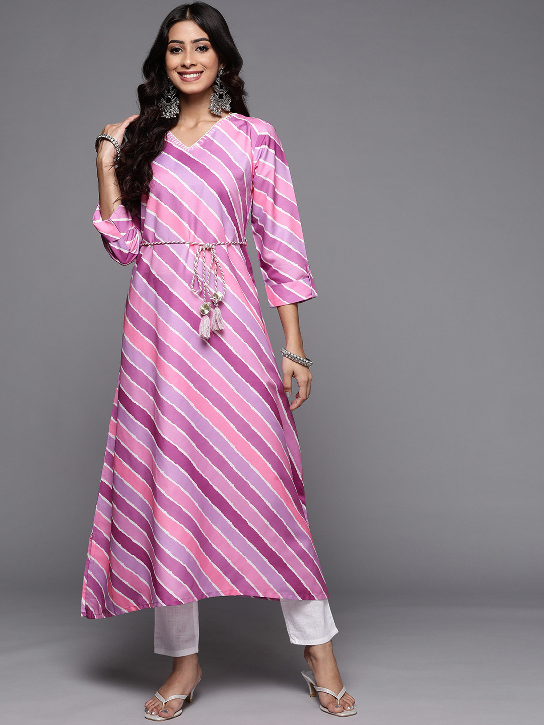 Varanga Women Pink & Purple Striped Thread Work Kurta