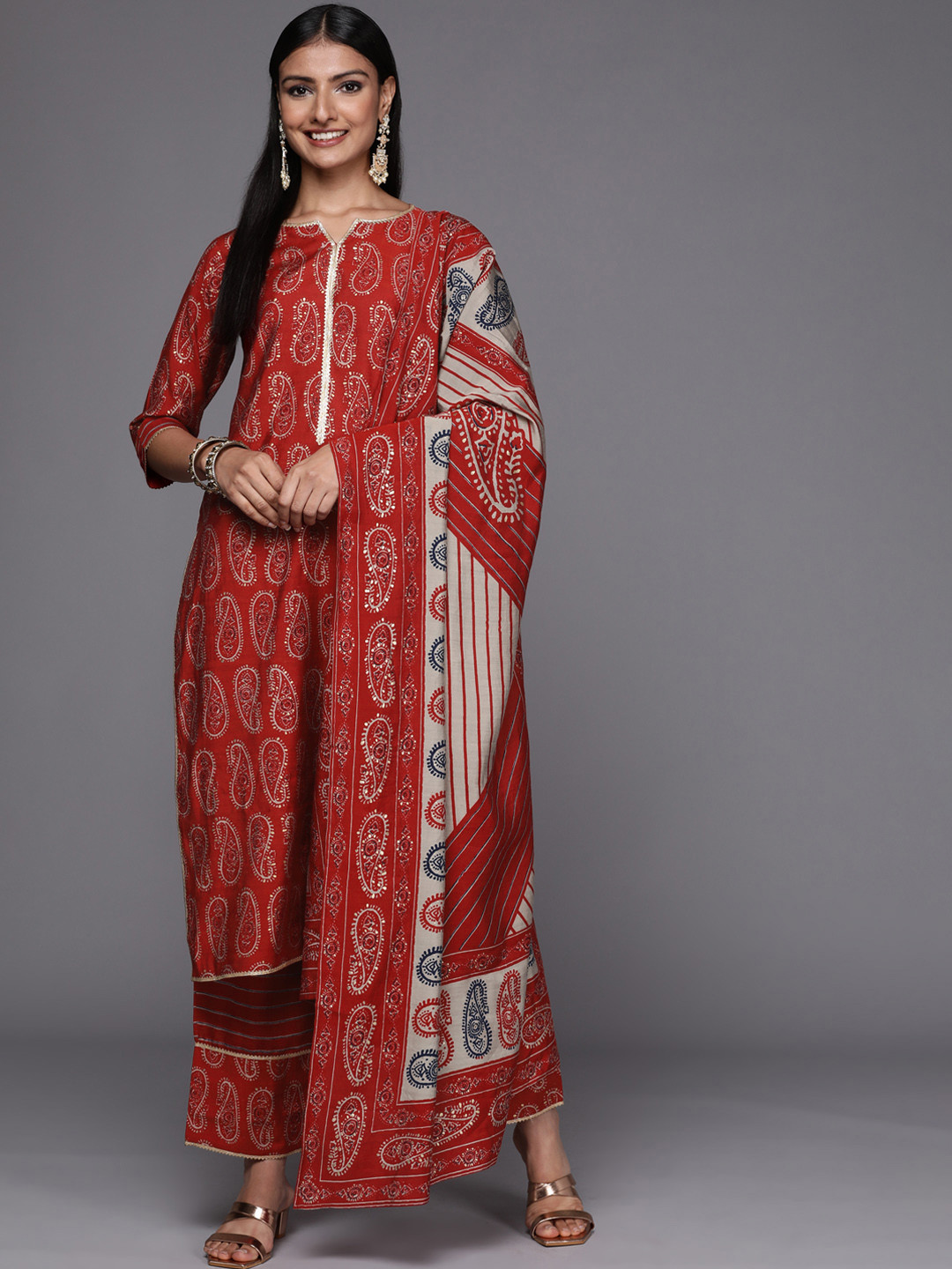 Libas Women Red Paisley Printed Gotta Patti Kurta with Trousers & With Dupatta