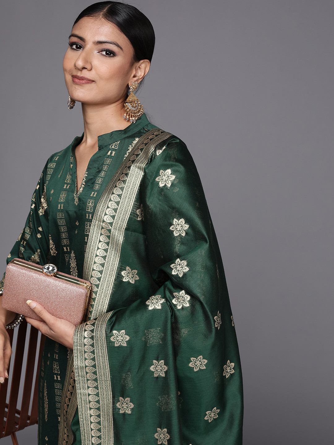 Libas Women Green Floral Printed Chanderi Silk Kurta with Trousers & With Dupatta
