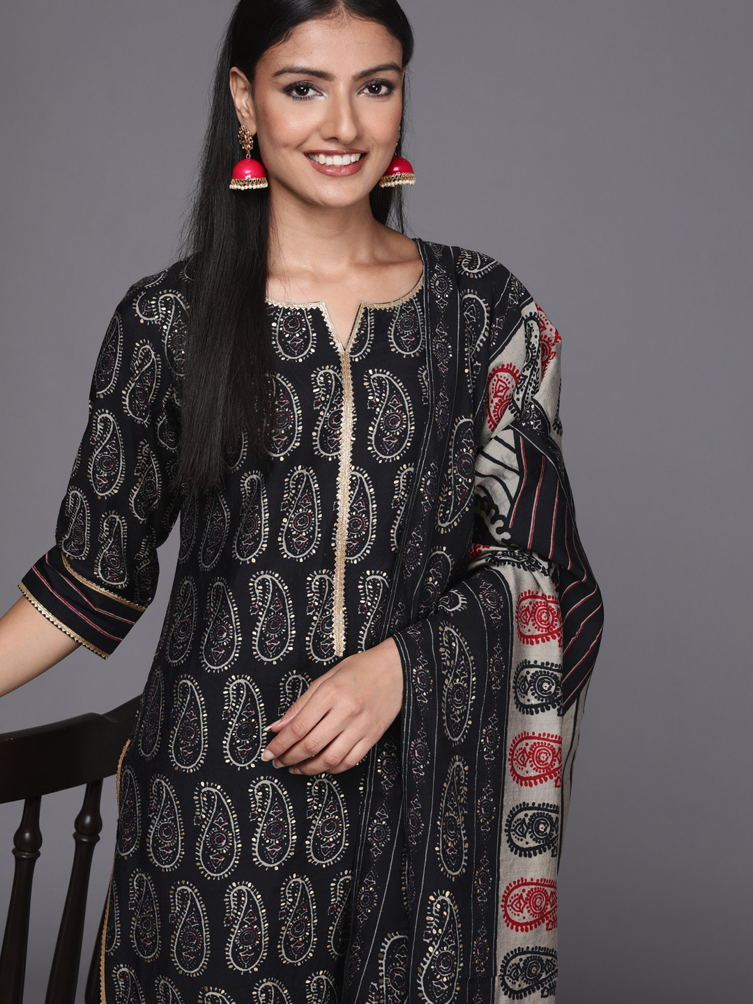 Libas Women Black Paisley Printed Gotta Patti Kurta with Trousers & With Dupatta