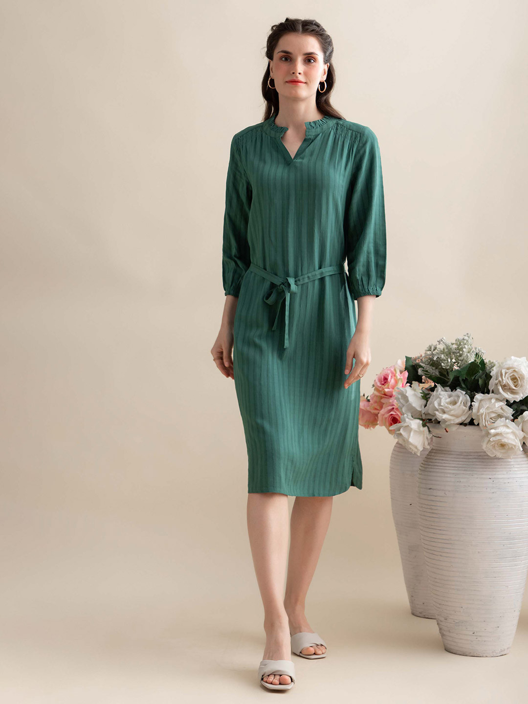 B.Copenhagen Green Striped A-Line Dress