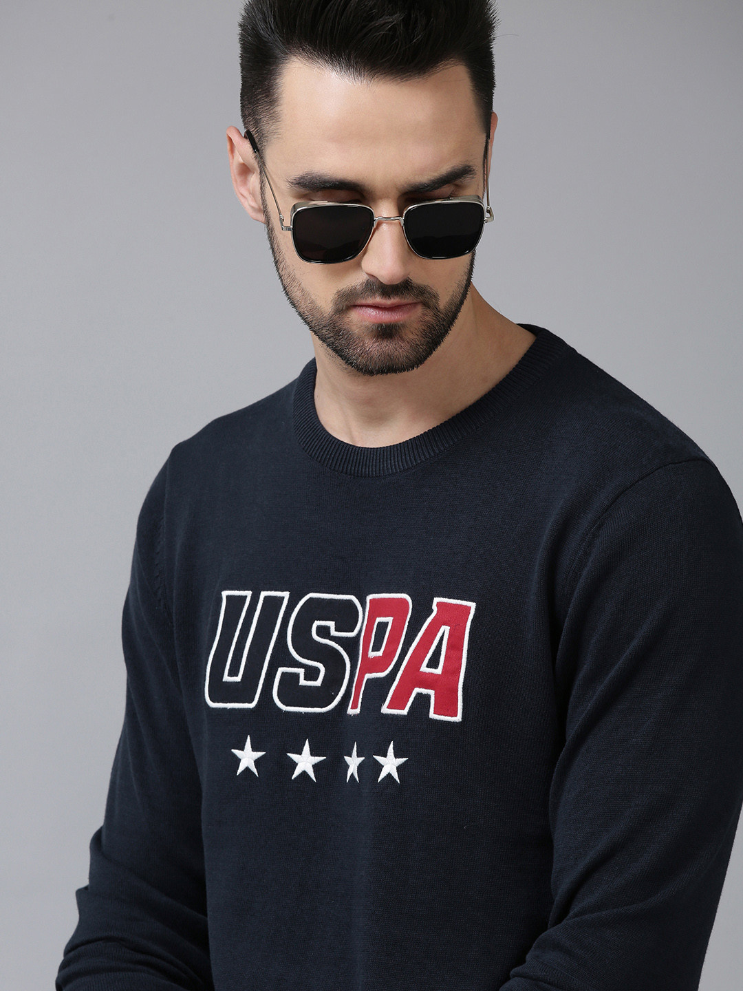 U S Polo Assn Men Navy Blue Brand Logo Embroidered Pure Cotton Pullover