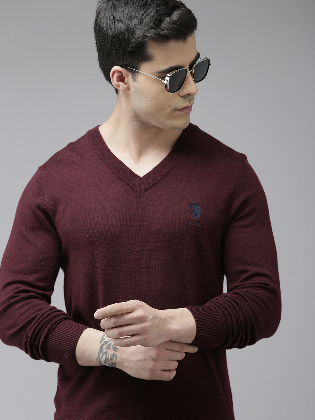 U S Polo Assn Men Maroon Pullover with Embroidered Detail Sweater