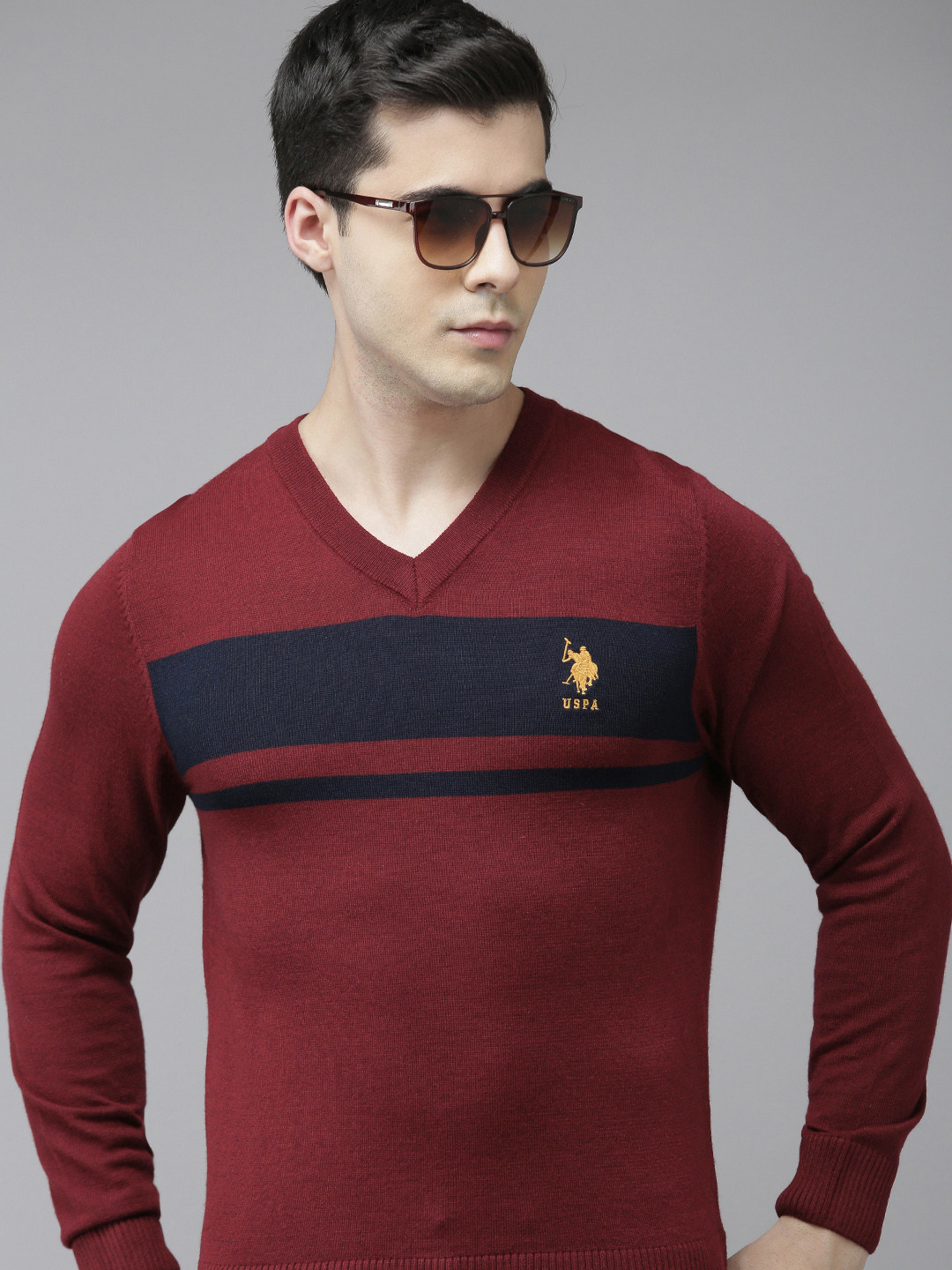 U.S. Polo Assn. Men Maroon & Navy Blue Striped Pullover Sweater