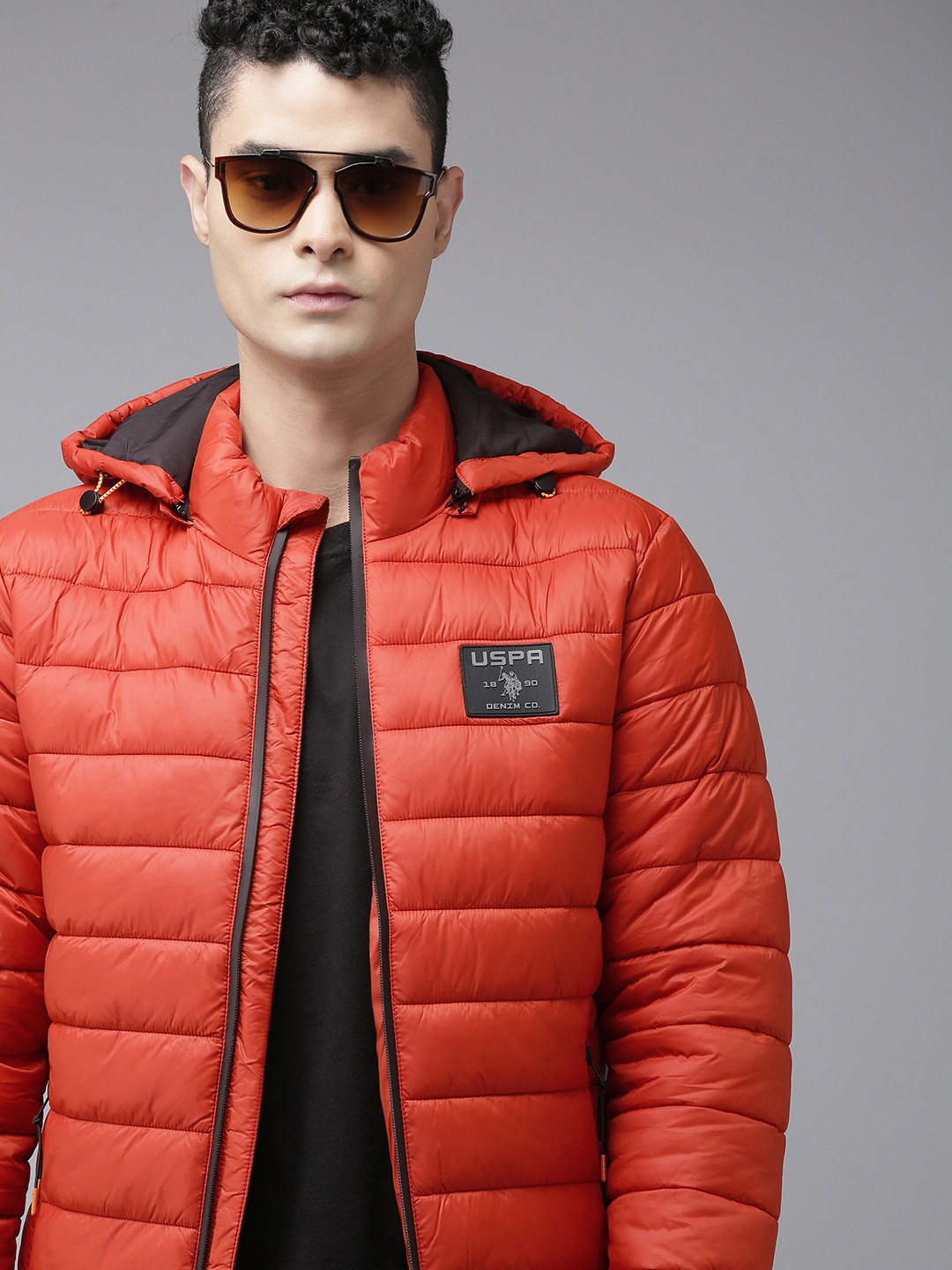 U S Polo Assn Denim Co Men Orange Hooded Collar Puffer Jacket