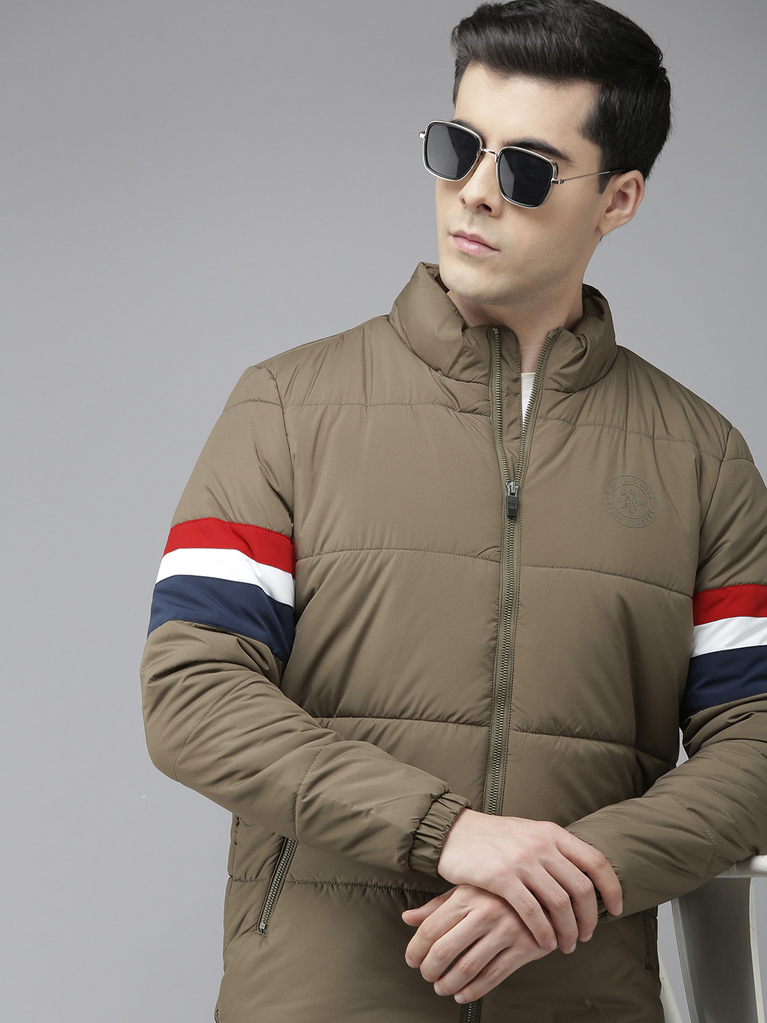 U S Polo Assn Denim Co Men Olive Green Solid Stand Collar Puffer Jacket