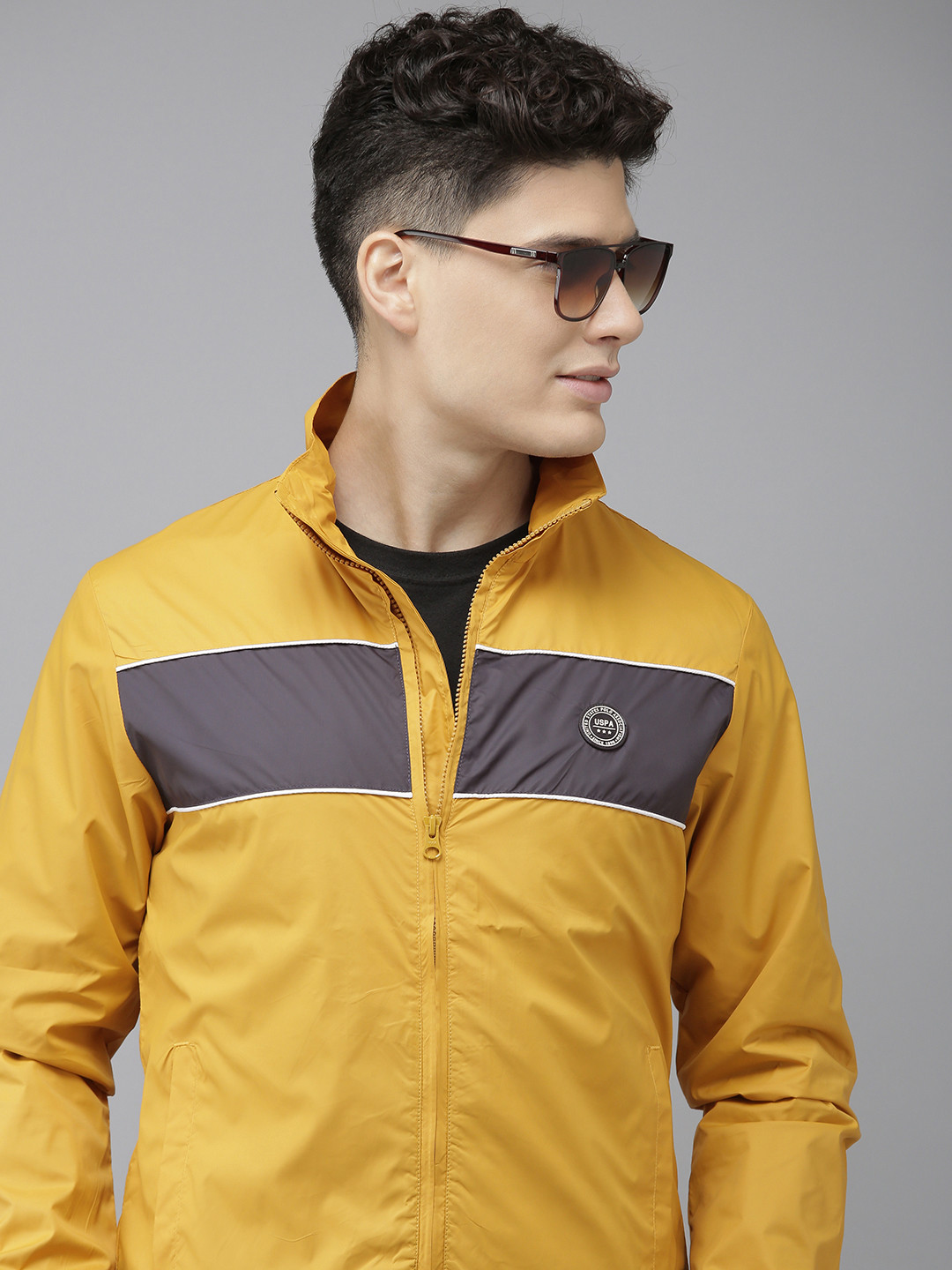 U.S. Polo Assn. Men Mustard & Grey Colourblocked Lightweight Bomber Jacket