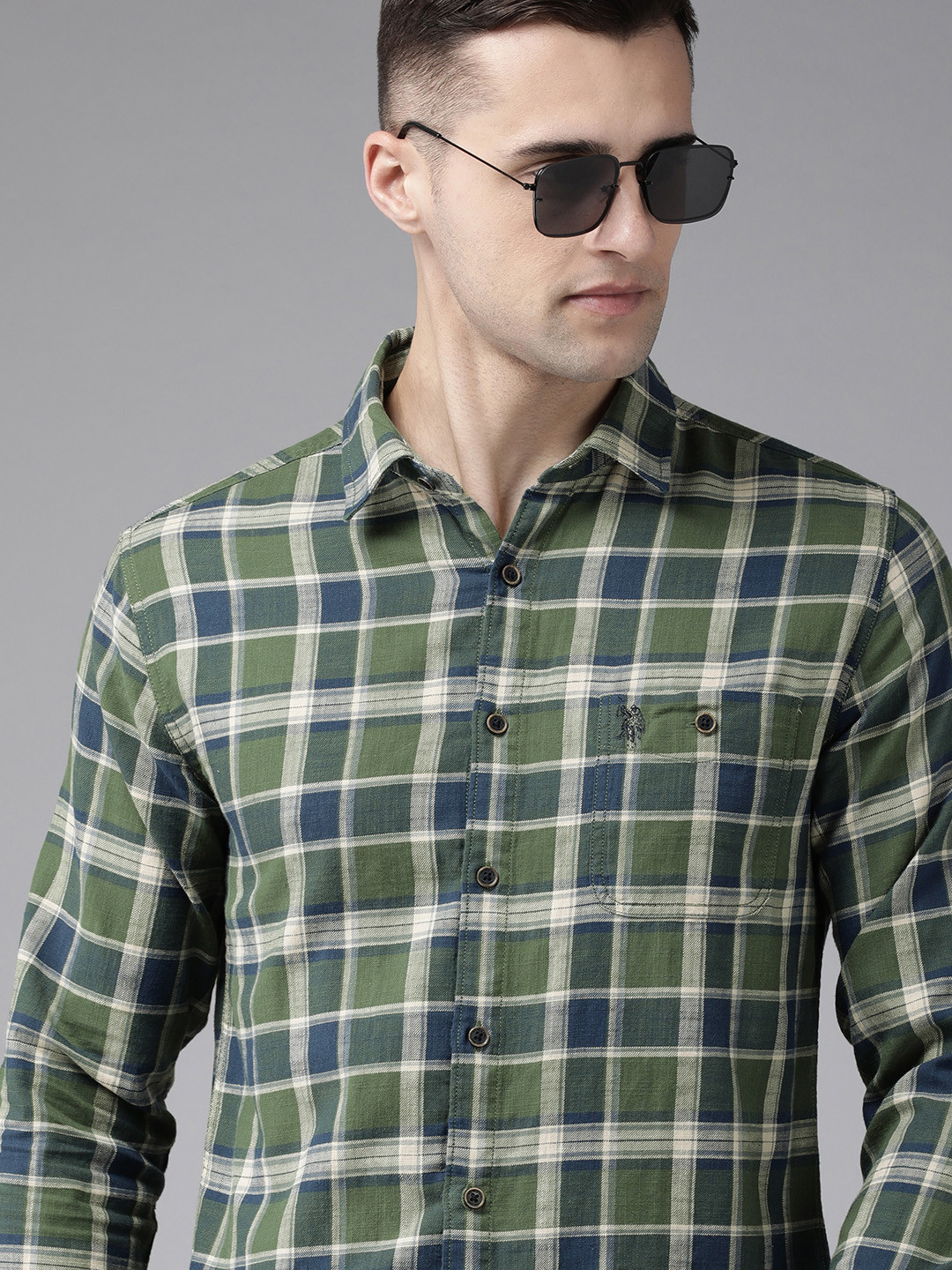 U S Polo Assn Denim Co Men Olive Green And Blue Slim Fit Checked Pure Cotton Casual Shirt