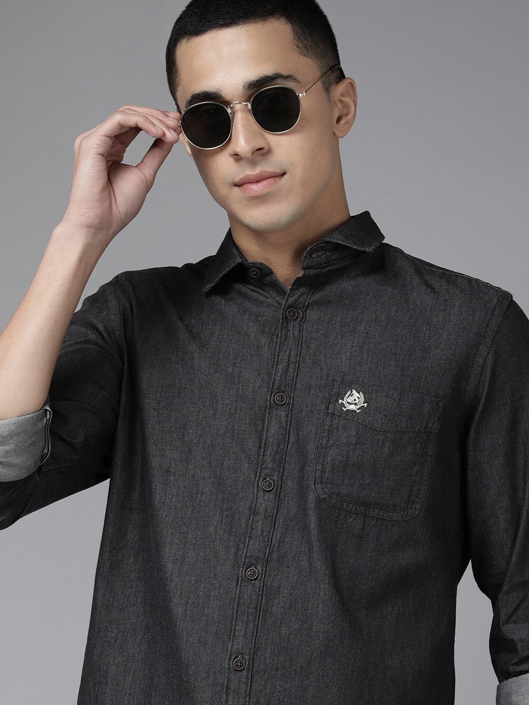 U S Polo Assn Denim Co Men Charcoal Black Solid Slim Fit Pure Cotton Casual Shirt
