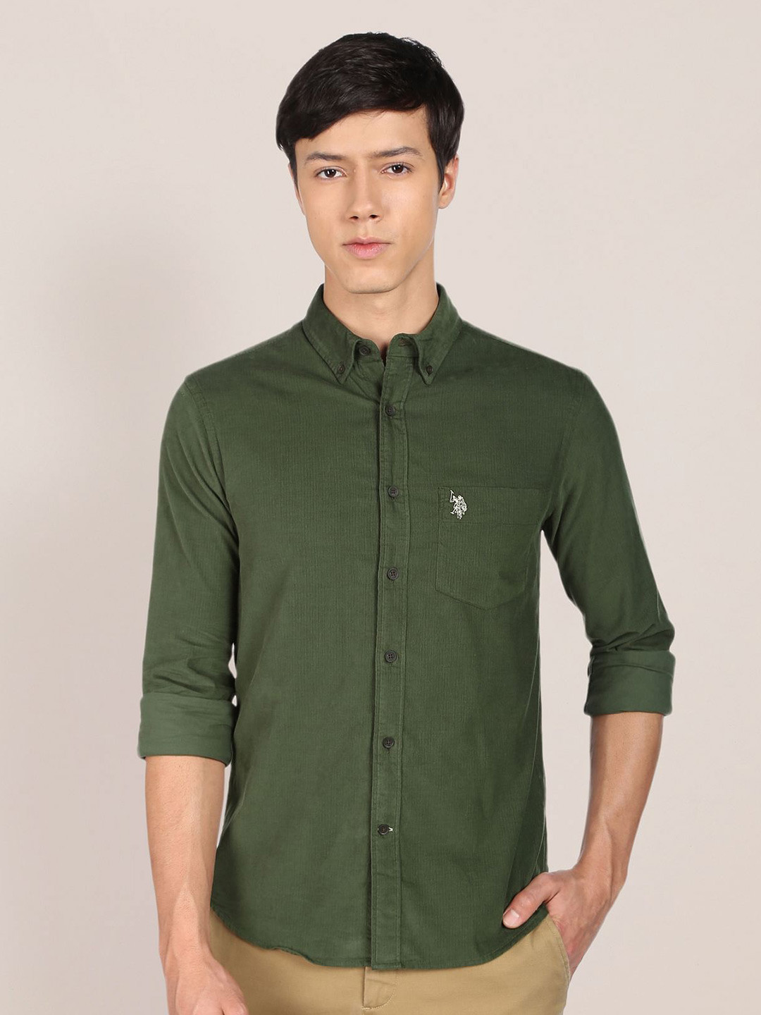 U S Polo Assn Men Olive Green Tailored Fit Solid Corduroy Pure Cotton Casual Shirt