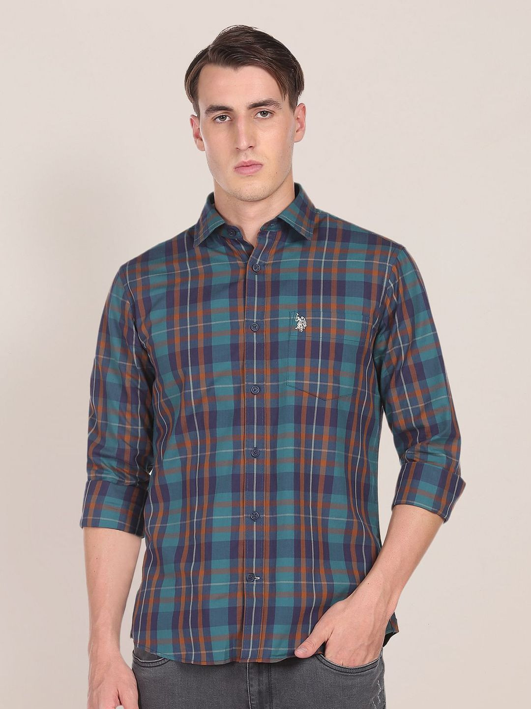U S Polo Assn Men Teal Blue & Brown Checked Pure Cotton Casual Shirt
