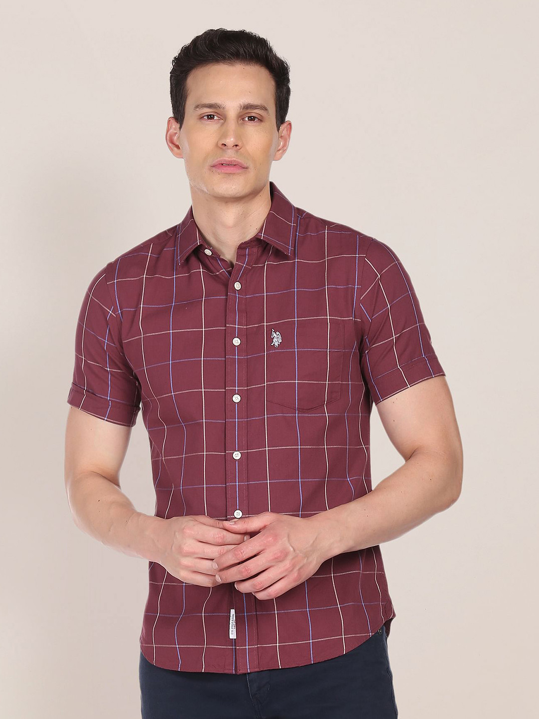 U S Polo Assn Men Maroon & Blue Tailored Fit Windowpane Checks Pure Cotton Casual Shirt