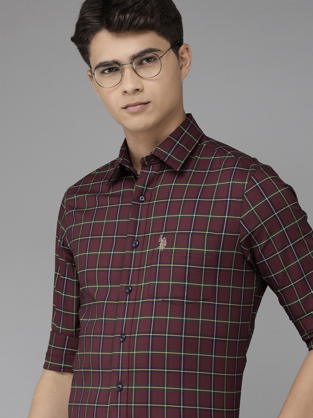 U S Polo Assn Men Maroon & Yellow Tailored Fit Tartan Checked Casual Shirt