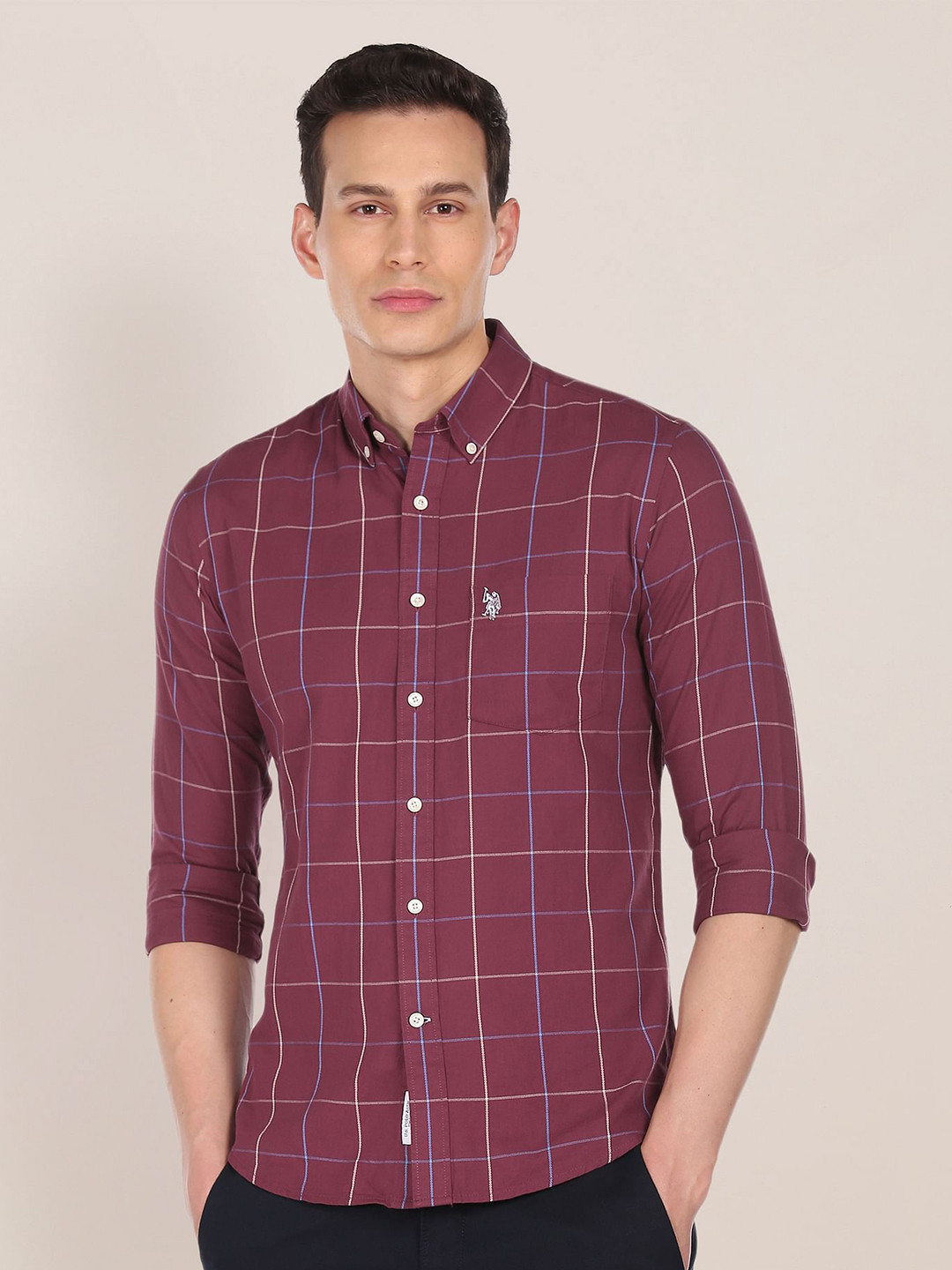 U S Polo Assn Men Maroon Windowpane Checks Pure Cotton Casual Shirt