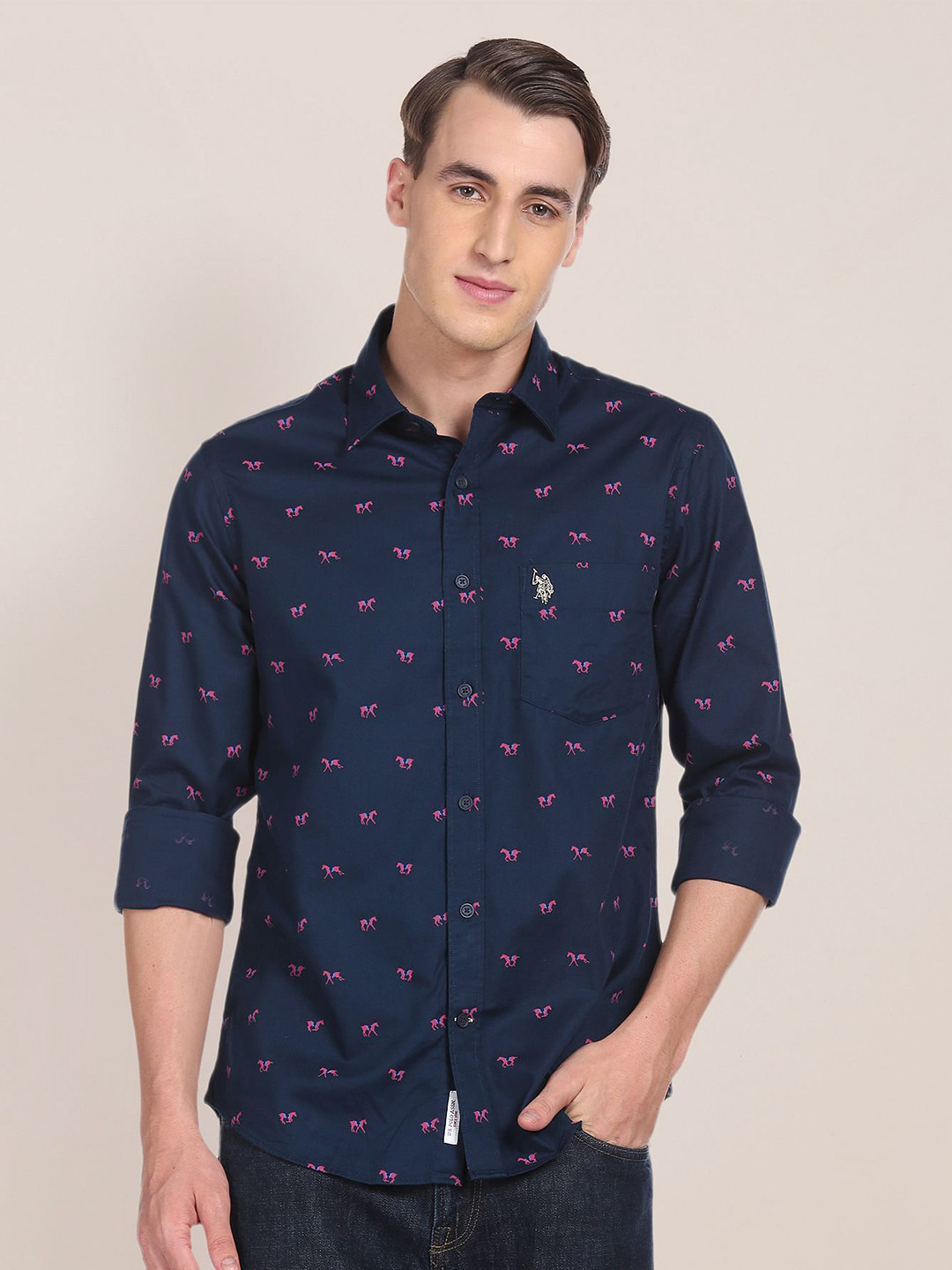 U S Polo Assn Men Navy Blue Animal Printed Pure Cotton Casual Shirt