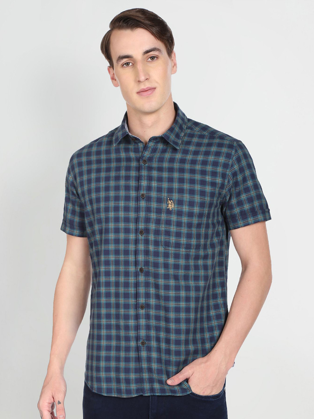 U.S. Polo Assn. Denim Co. Men Teal Blue Slim Fit Tartan Check Pure Cotton Casual Shirt