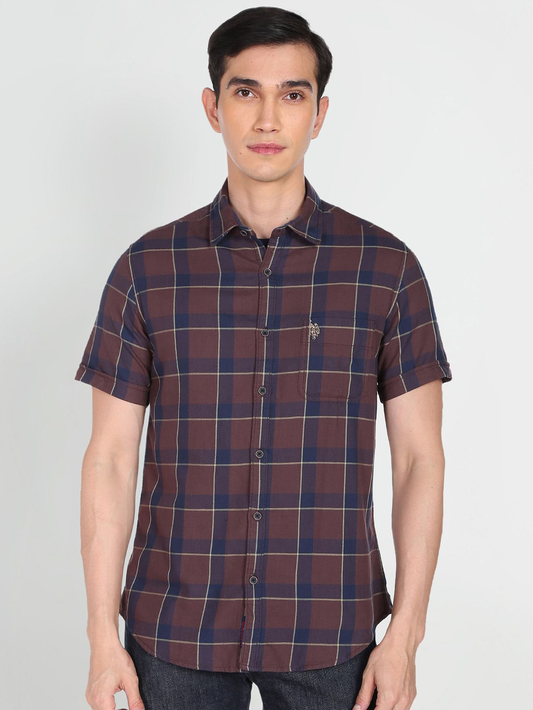 U S Polo Assn Denim Co Men Rust Brown & Navy Blue Slim Fit Checked Cotton Casual Shirt