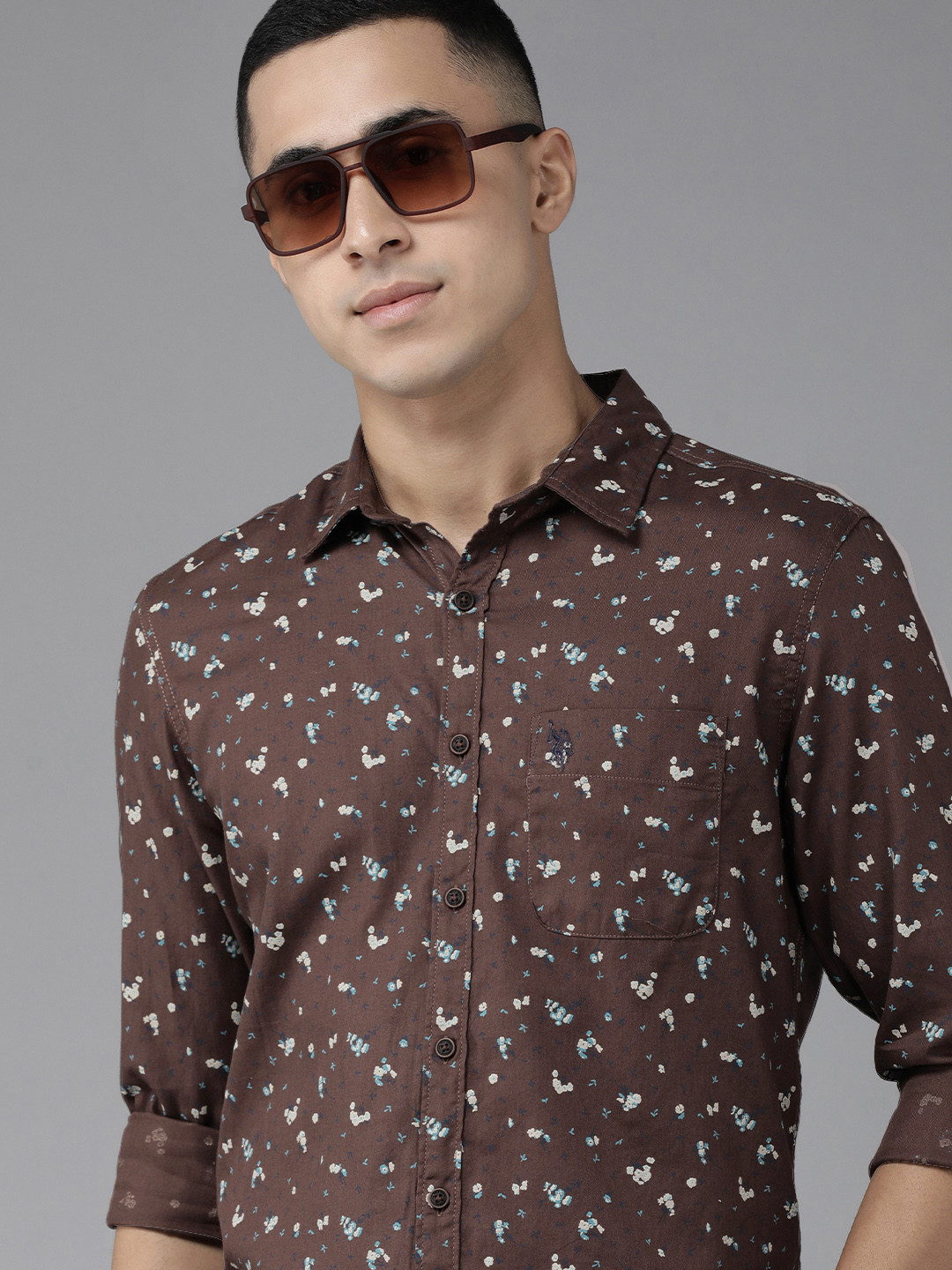 U S Polo Assn Denim Co Men Brown And Blue Slim Fit Floral Printed Pure Cotton Casual Shirt