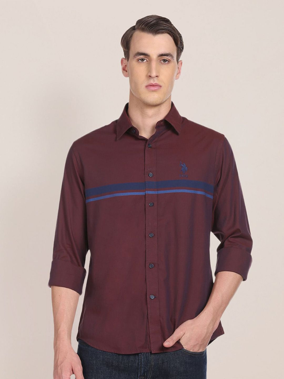 U S Polo Assn Men Burgundy Horizontal Striped Tailored Fit Pure Cotton Casual Shirt