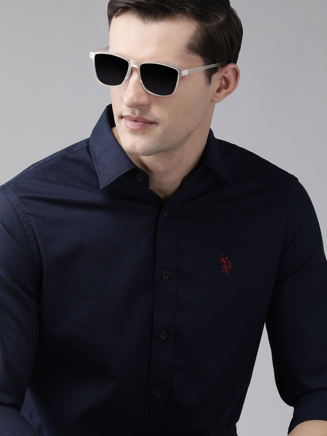 U S Polo Assn Men Navy Blue Pure Cotton Casual Shirt