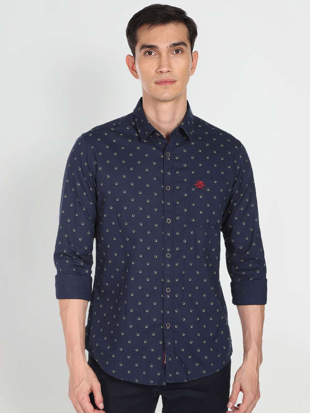 U S Polo Assn Denim Co Men Navy Blue Slim Fit Geometric Printed Pure Cotton Casual Shirt