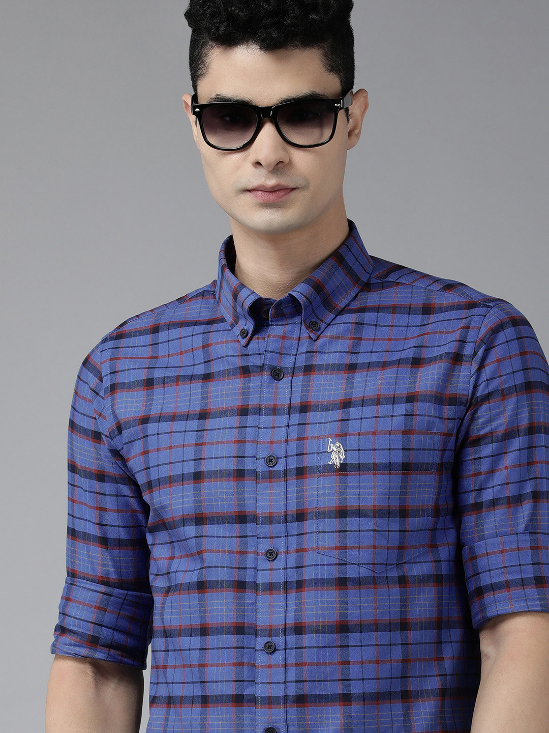 U S Polo Assn Men Blue & Red Tailored Fit Tartan Checked Pure Cotton Casual Shirt