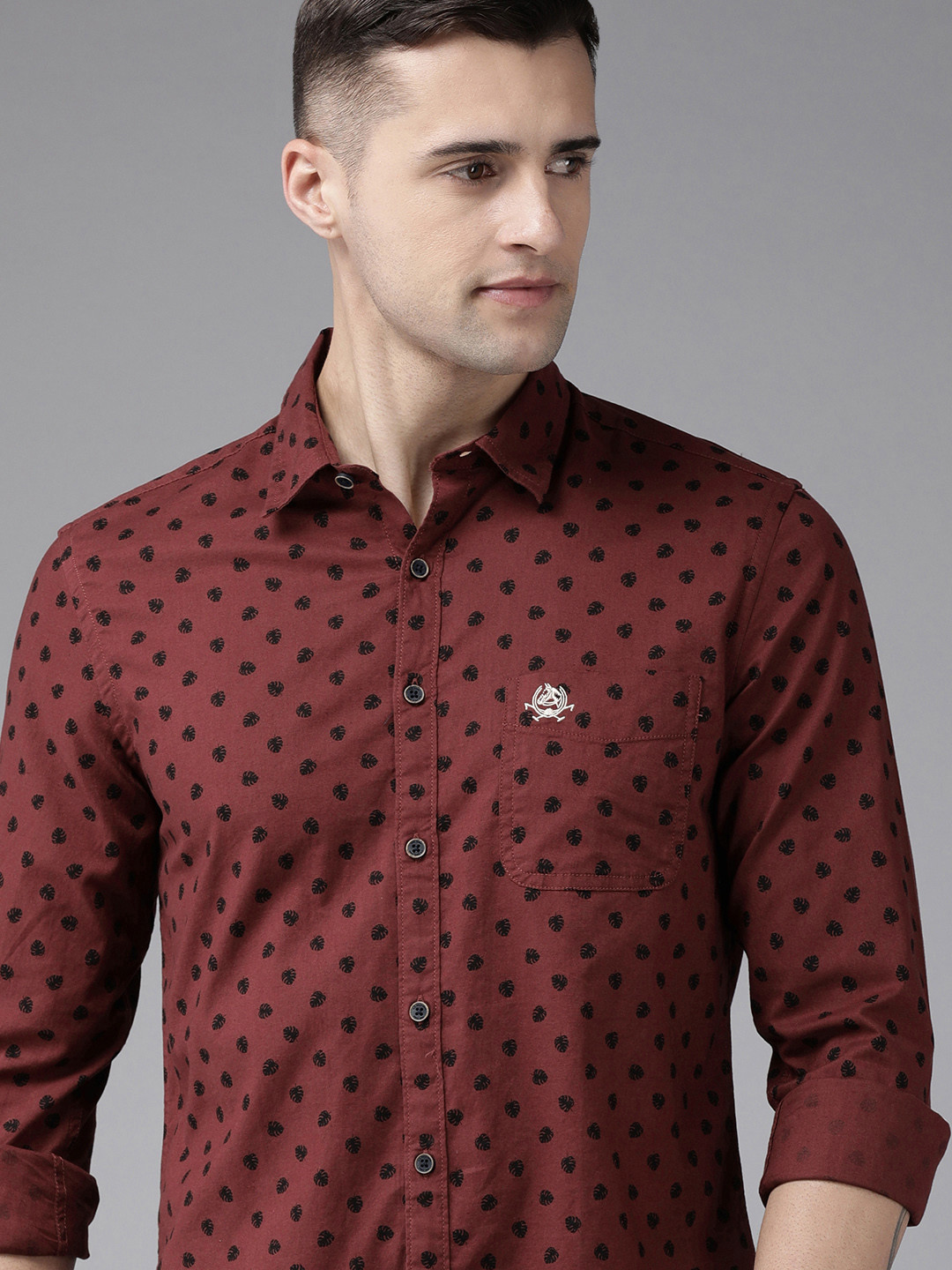 U S Polo Assn Denim Co Men Maroon Slim Fit Tropical Printed Pure Cotton Casual Shirt