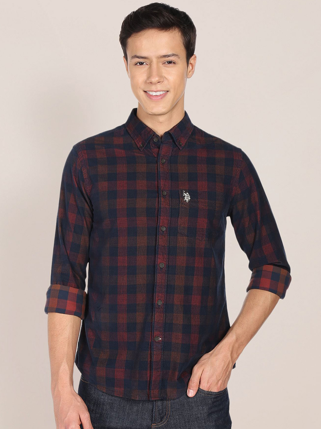 U.S. Polo Assn. Men Maroon Tailored Fit Checked Pure Cotton Casual Shirt