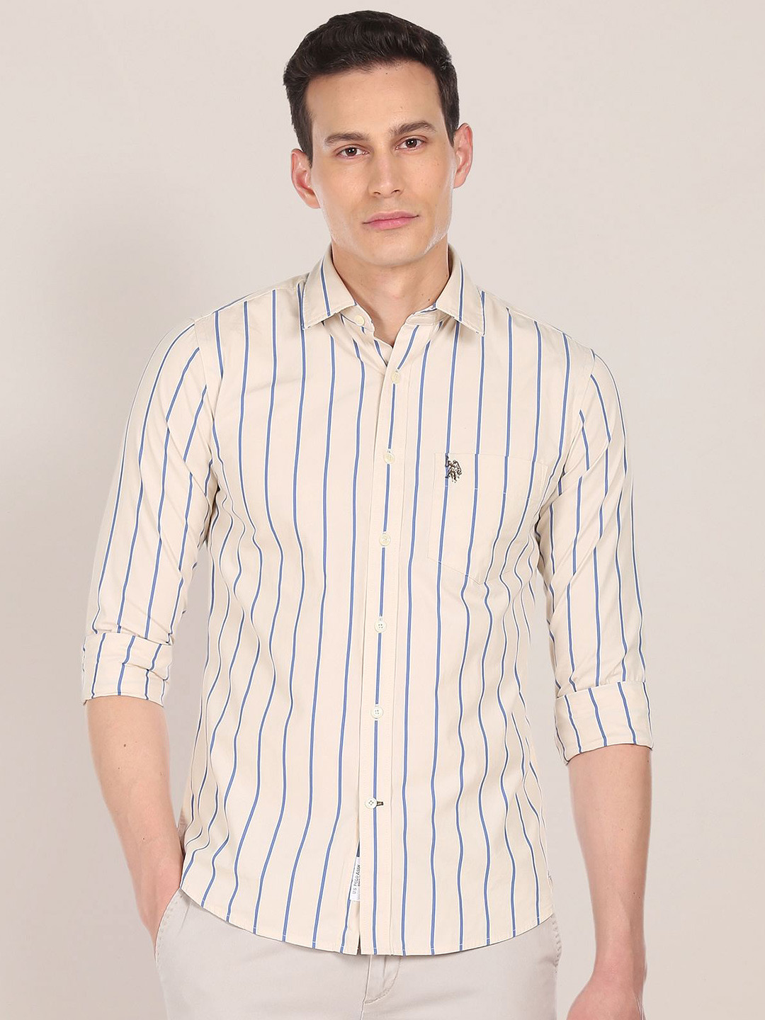 U S Polo Assn Men Beige Striped Pure Cotton Casual Shirt