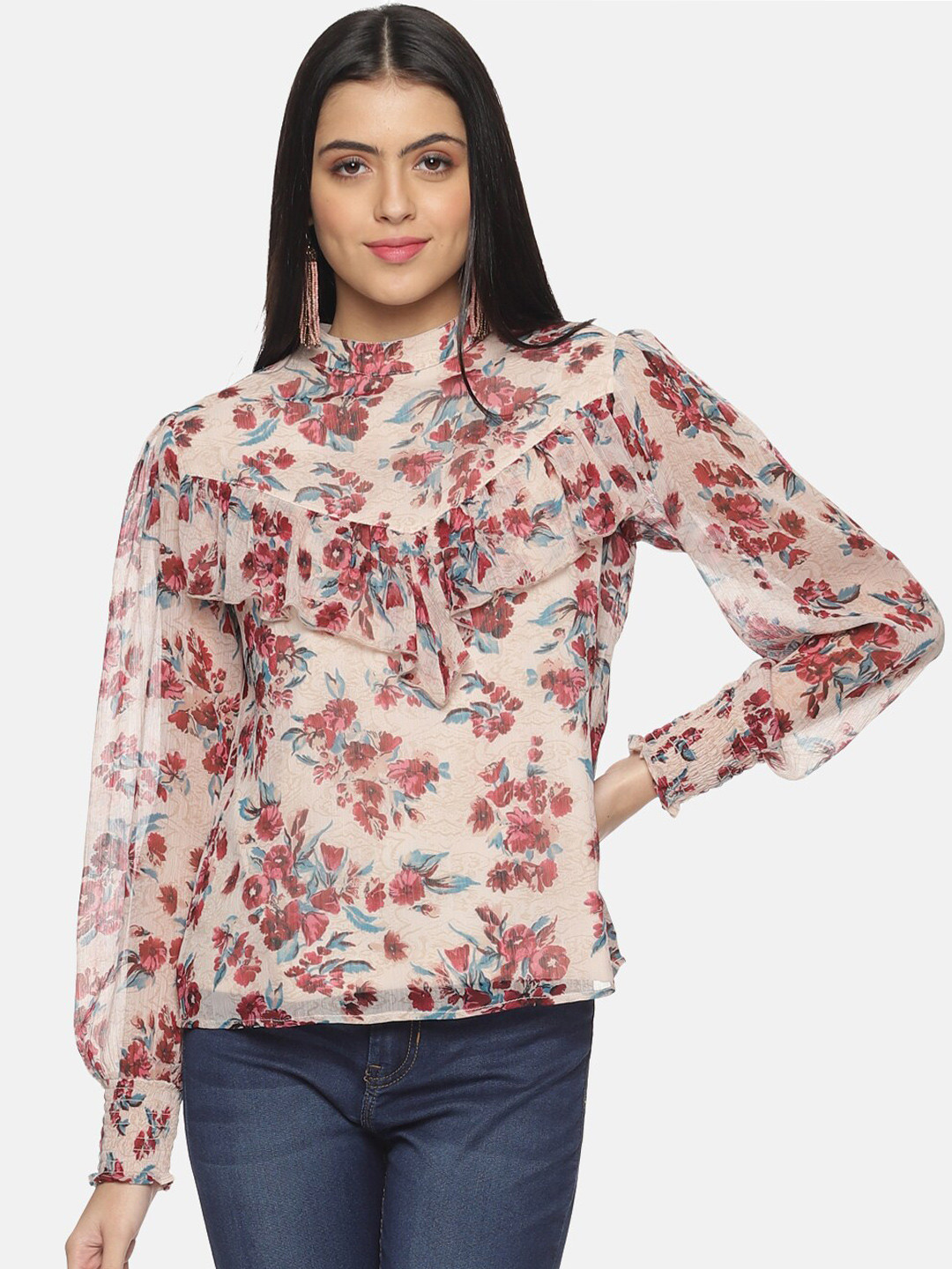 ISU Off White Floral Print Chiffon Top With Ruffle Detail