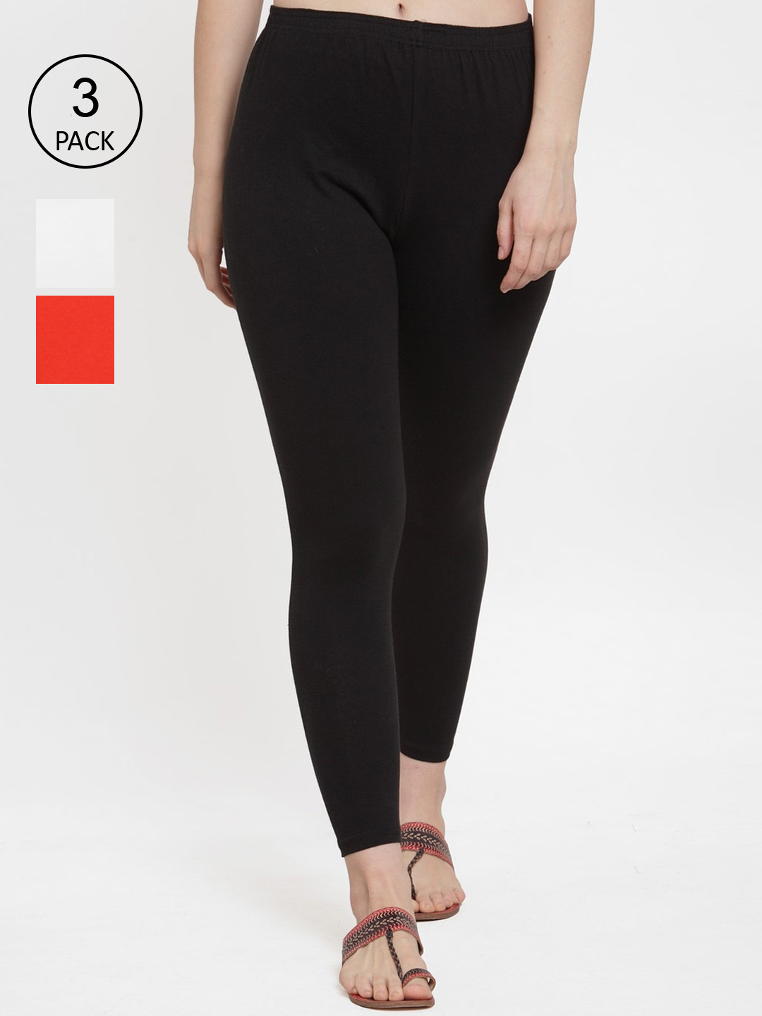 GRACIT Women Pack Of 3 Black White & Orange Solid Ankle-Length Leggings