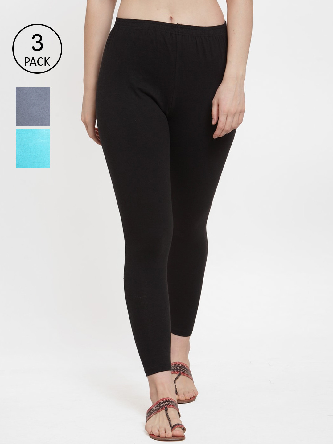 GRACIT Women Pack Of 3 Black and Turquoise Blue Solid Ankle-Length Leggings