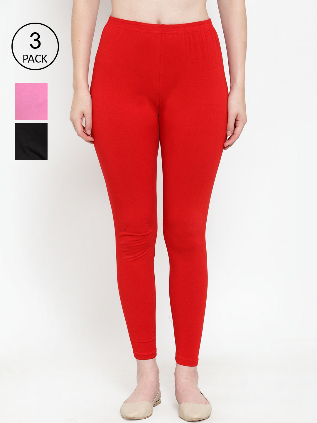 GRACIT Women Black ,Red & Pink Pack Of 3 Solid Ankle-Length Leggings