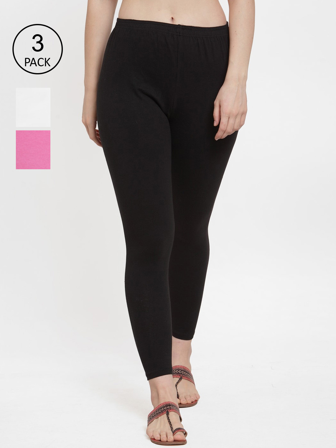 GRACIT Women Women Pack Of 3 Solid Black & White Ankle Length Leggings