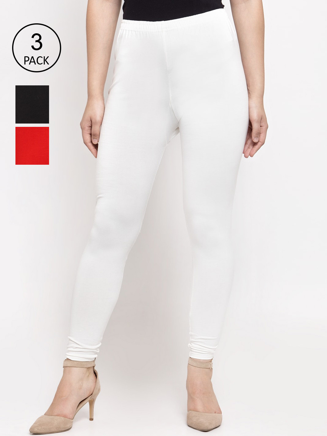 GRACIT Women Pack Of 3 Solid Churidar-Length Leggings Black ,White and Red