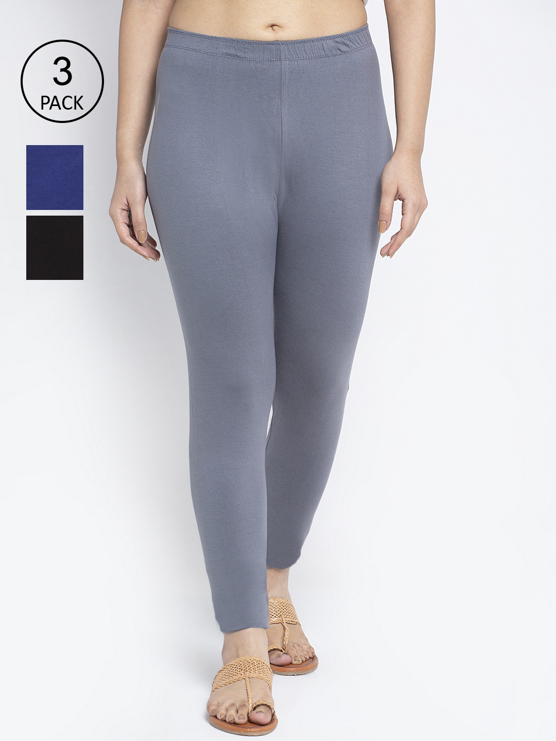 GRACIT Women Pack Of 3 Solid Black & Grey Ankle Length Leggings