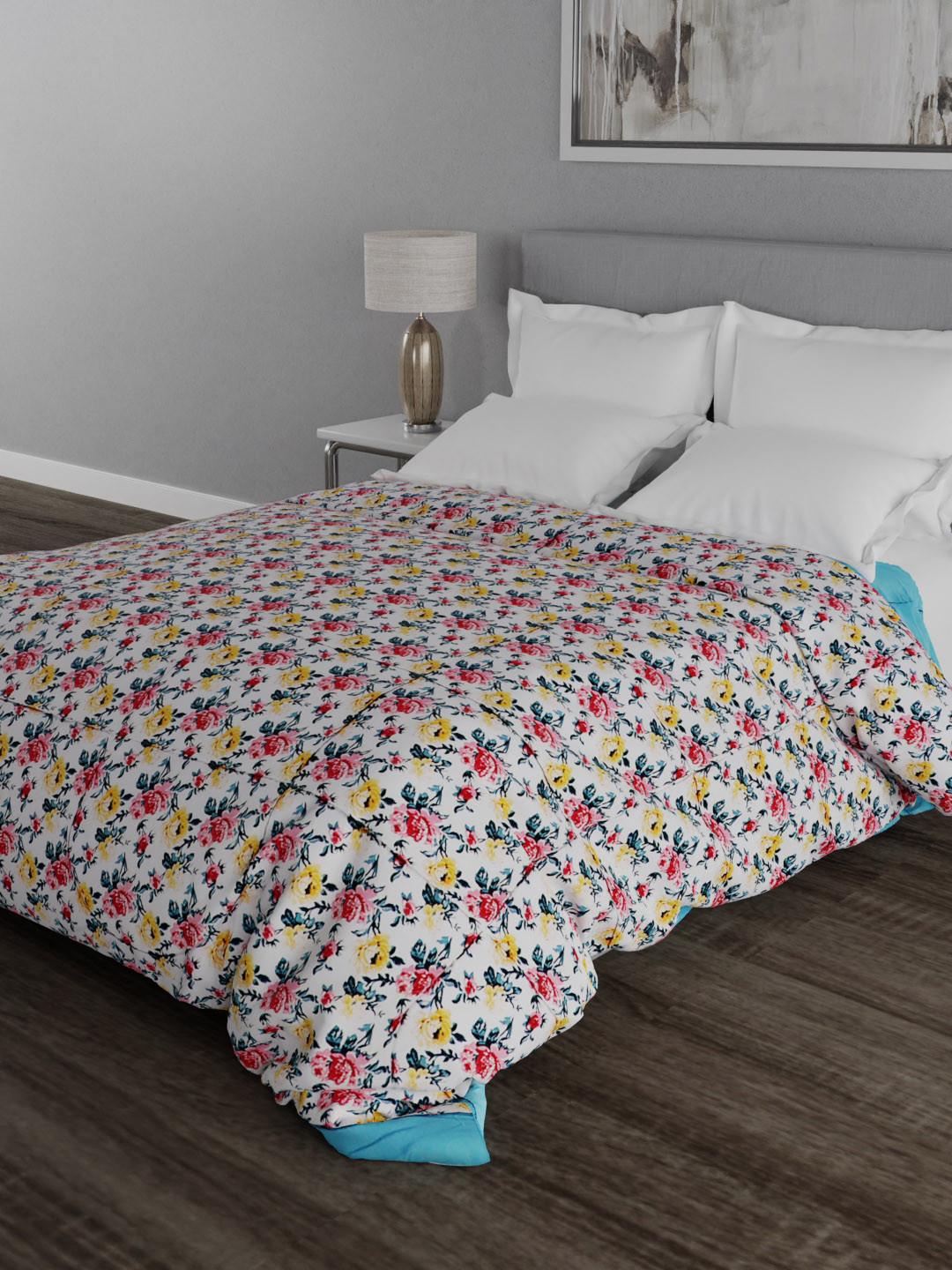 A Homes Grace Blue & Pink Floral Microfiber Heavy Winter 600 GSM Double Bed Quilt
