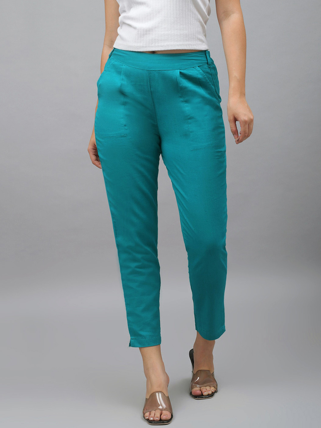 Me Craft Women Turquoise Blue Easy Wash Trousers