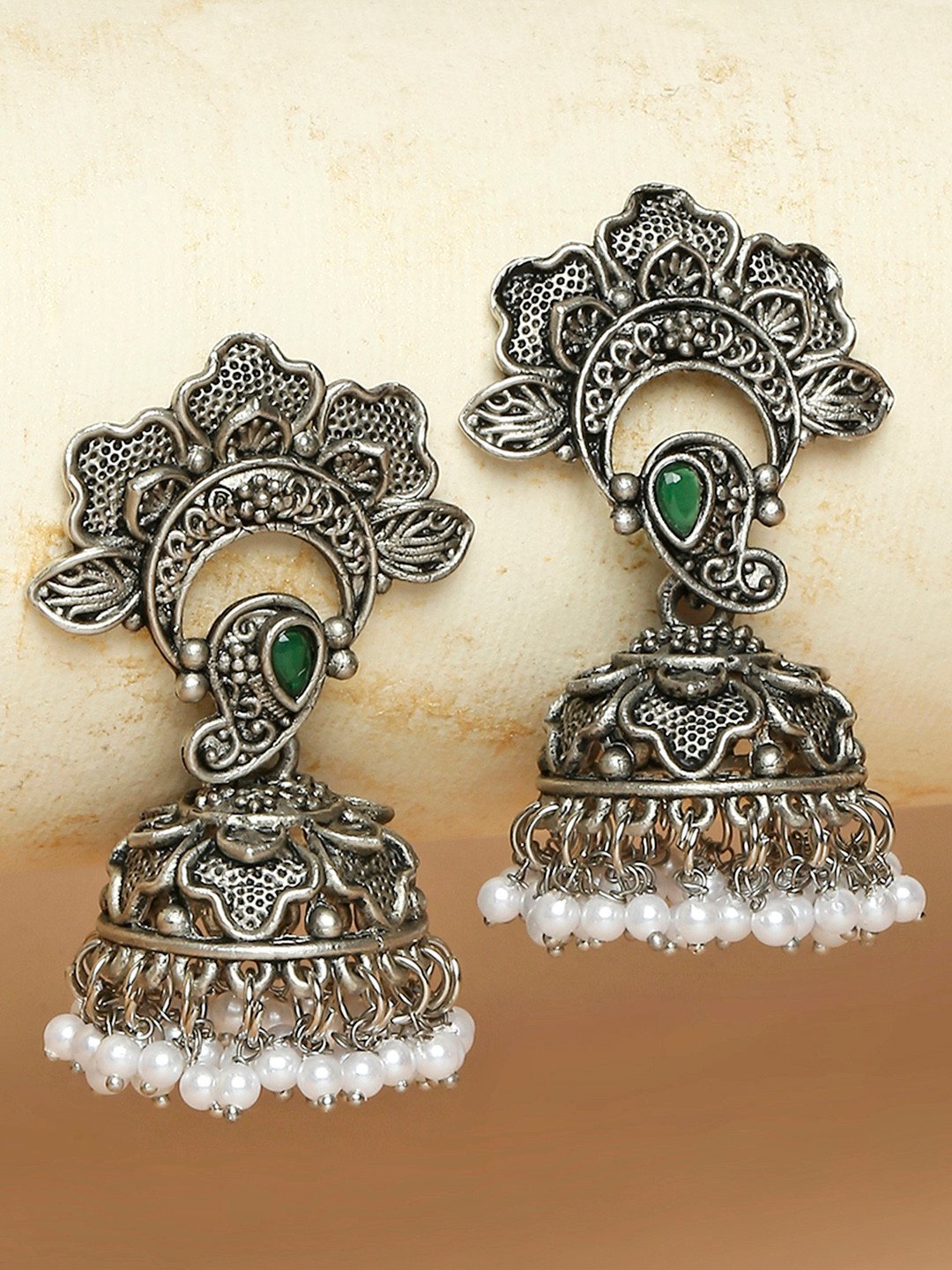 OOMPH Oxidised Green Floral Ethnic Jhumkas Earrings