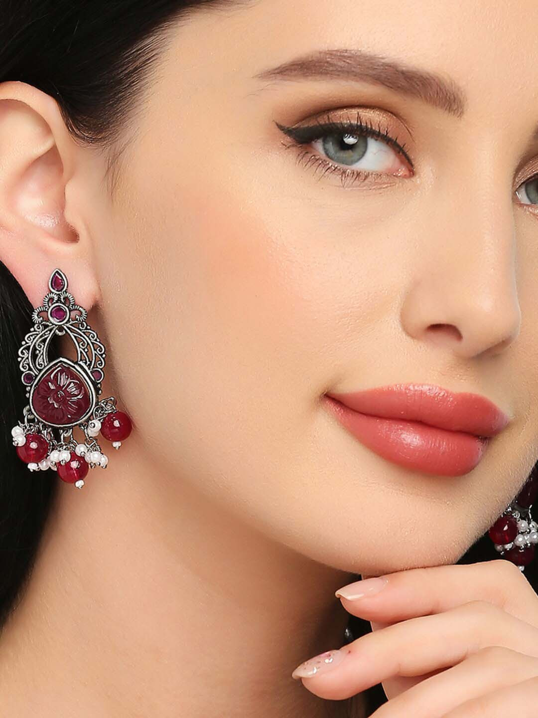 OOMPH Maroon & White Silver-Plated Contemporary Drop Earrings