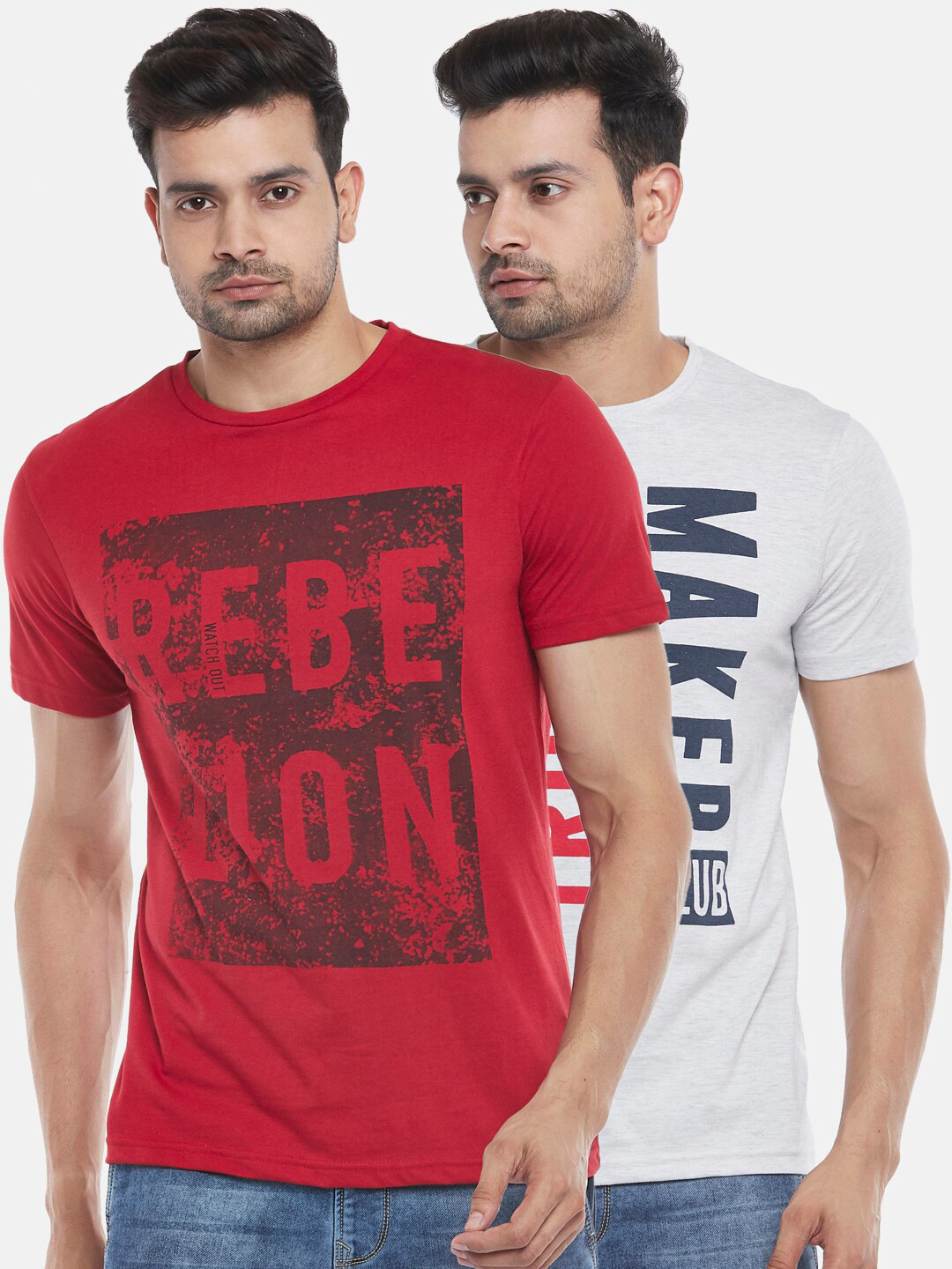 People Men Set Of 2 Red & White Typography Printed Slim Fit T-shirt